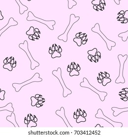 Seamless texture. Silhouette of traces of paws and bones on a lilac background