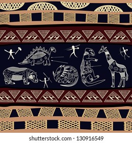 Seamless texture with silhouettes of dinosaurs, hippo and giraffe