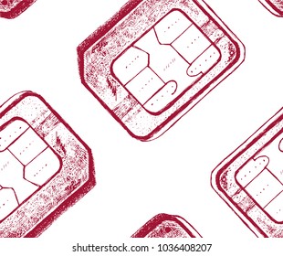 Seamless texture with sim card drawn by hand. Repeating background. Tile pattern. Modern technologi illustration. 