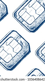 Seamless texture with sim card drawn by hand. Repeating background. Tile pattern. Modern technologi illustration. 