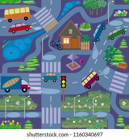 Seamless texture, similar to a map, simulating a landscape with roads, cars, night scenery, and home