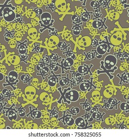 Seamless texture. Simple images of skulls with bones with strokes in chaotic order. Fashionable five-color camouflage.