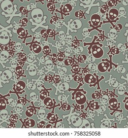 Seamless texture. Simple images of skulls with bones with strokes in chaotic order. Fashionable five-color camouflage.