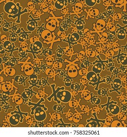 Seamless texture. Simple images of skulls with bones with strokes in chaotic order. Fashionable five-color camouflage.