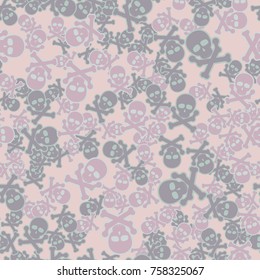 Seamless texture. Simple images of skulls with bones with strokes in chaotic order. Fashionable five-color camouflage.