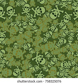 Seamless texture. Simple images of skulls with bones with strokes in chaotic order. Fashionable five-color camouflage.