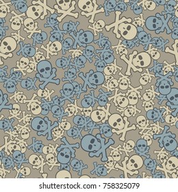 Seamless texture. Simple images of skulls with bones with strokes in chaotic order. Fashionable five-color camouflage.