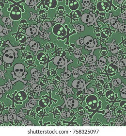 Seamless texture. Simple images of skulls with bones with strokes in chaotic order. Fashionable five-color camouflage.