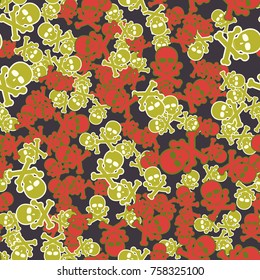 Seamless texture. Simple images of skulls with bones with strokes in chaotic order. Fashionable five-color camouflage.