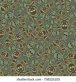 Seamless texture. Simple images of skulls with bones with strokes in chaotic order. Fashionable five-color camouflage.