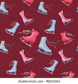seamless texture - skates for figure skating. burgundy background and scratches on skates