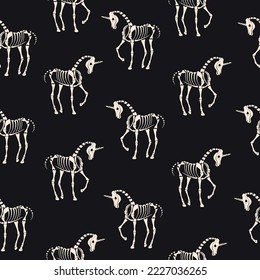 Seamless texture. Skeletons of unicorns on a dark background. For fabric, background, textiles, wallpaper.