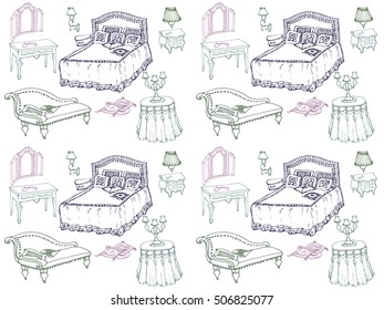 Seamless texture - a sketch of bedroom furniture, bed, dresser, nightstand, lamp, chair cushion, blanket, vector doodle for indoor vintage decoration in white background
