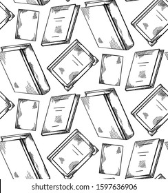 Seamless texture with sketch hand drawn books with hatching on white background. Knowledge and education. Engraving vector pattern for wallpapers, backgrounds and your creativity.