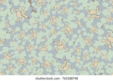 Seamless texture. Skulls, bones and colored spots. Five colors.