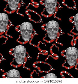 Seamless texture with skulls and milk snakes.