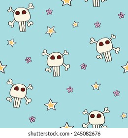Seamless texture with skulls stars and flowers on a blue background