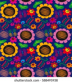 Seamless texture in the Slavic style with sunflowers and berries