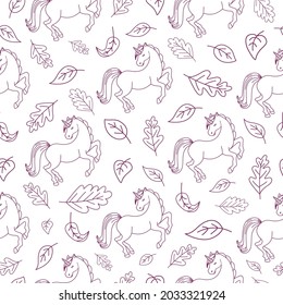 Seamless texture, sleeping unicorns and autumn leaves. For background, fabric, textiles, wallpaper, wrapping paper.