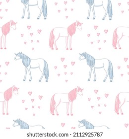 Seamless texture. Sleeping unicorns and hearts. For background, fabric, wallpaper, wrapping paper.