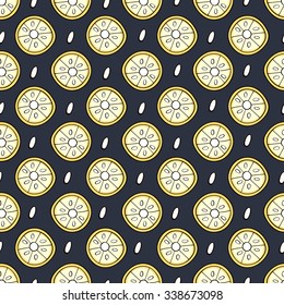 Seamless texture with slices of lemon. Infinite pattern on a dark background.