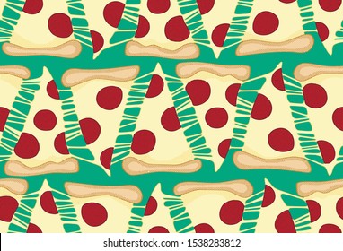 
Seamless texture of slices of pepperoni pizza connected by cheese on a turquoise background