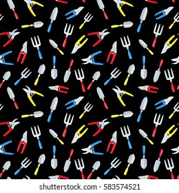 seamless texture with small gardening tools on black background