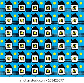 Seamless texture with small white houses on blue background / Small houses