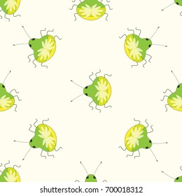 Seamless texture of small yellow-green beetles with wings on a light background