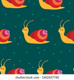 Seamless texture of a snail in a simple style on a green background.
