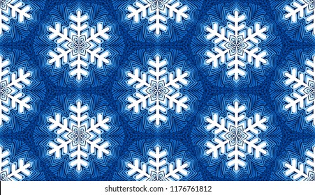 Seamless texture of snowflakes. Colors of dark ice.