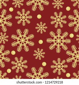 Seamless texture of snowflakes on a red background.