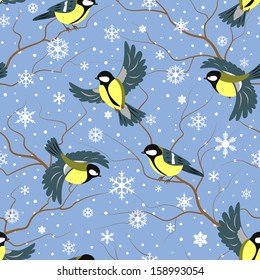 Seamless texture with  snowflakes  and tits on branches