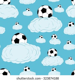 Seamless texture with soccer balls on clouds in the sky