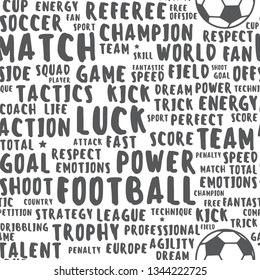 Seamless texture with soccer / football theme words. Sports vector illustration