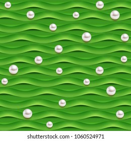Seamless texture of soft green waves with white pearls. Vector pattern with shiny jewelry pearls on smooth waved ribbons
