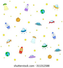 Seamless texture with space rocket, ufo, earth and moon. Vector background. Vector colorful background isolated on white