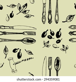 Seamless  texture with spoon,fork,olive. Endless hand drawn  pattern. Template for design textile, backgrounds, packages, wrapping paper