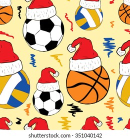 Seamless texture with sports balls in Christmas caps