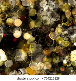Seamless texture from spots, ovals, rings. Yellow, grey, black colors. Shiny elements. Abstract vector background for web page, banners, fabric, home decor, wrapping 