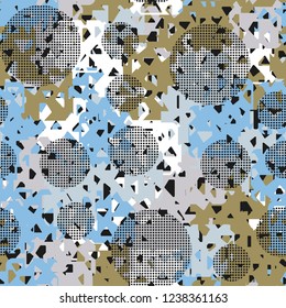 Seamless texture. Spring colors. Chaos of holey squares. Checkered circles.