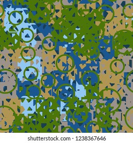 Seamless texture. Spring colors. Chaos of holey squares. Placer circles.