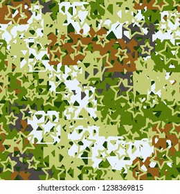 Seamless texture. Spring colors. Chaos of holey squares. Five-pointed stars.