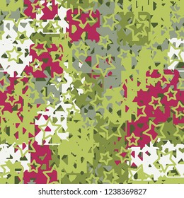 Seamless texture. Spring colors. Chaos of holey squares. Five-pointed stars.