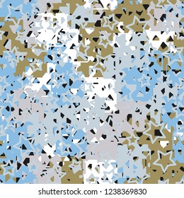 Seamless texture. Spring colors. Chaos of holey squares. Five-pointed stars.