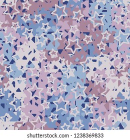 Seamless texture. Spring colors. Chaos of holey squares. Five-pointed stars.