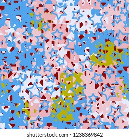 Seamless texture. Spring colors. Chaos of holey squares. Five-pointed stars.