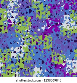 Seamless texture. Spring colors. Chaos of holey squares. Five-pointed stars.