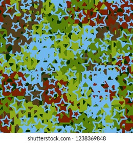 Seamless texture. Spring colors. Chaos of holey squares. Five-pointed stars.