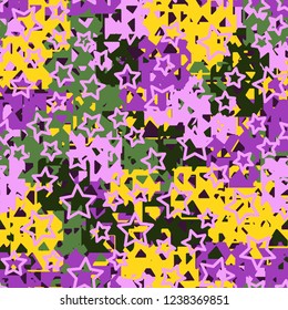 Seamless texture. Spring colors. Chaos of holey squares. Five-pointed stars.